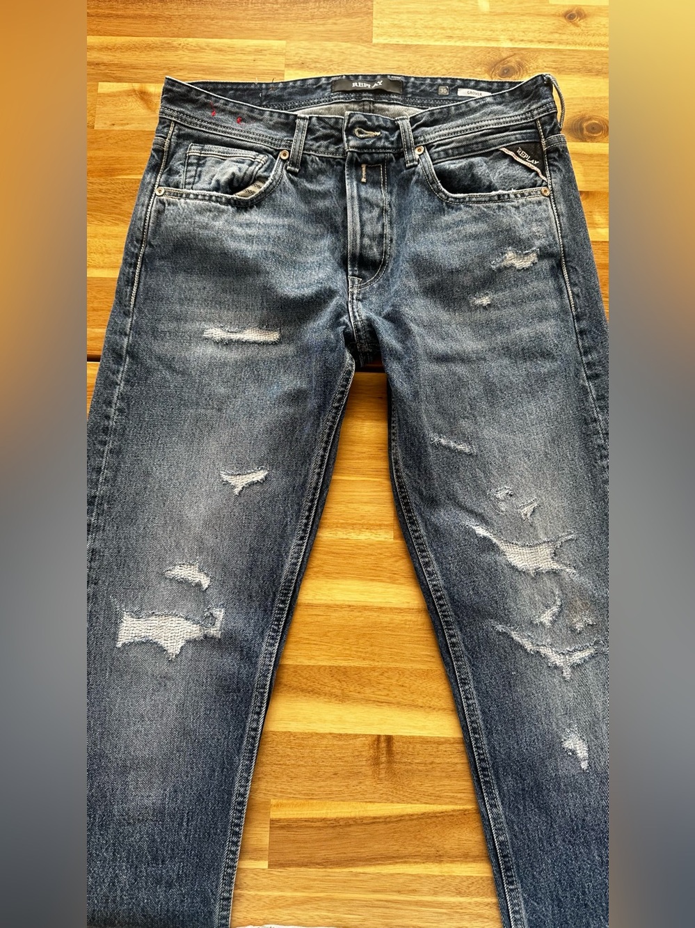 Replay Men's Distressed Dark Blue Slim Straight Jeans